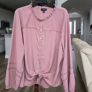 I.N. Studio Mauve Button-Down Blouse with Lace Accents Plus Size